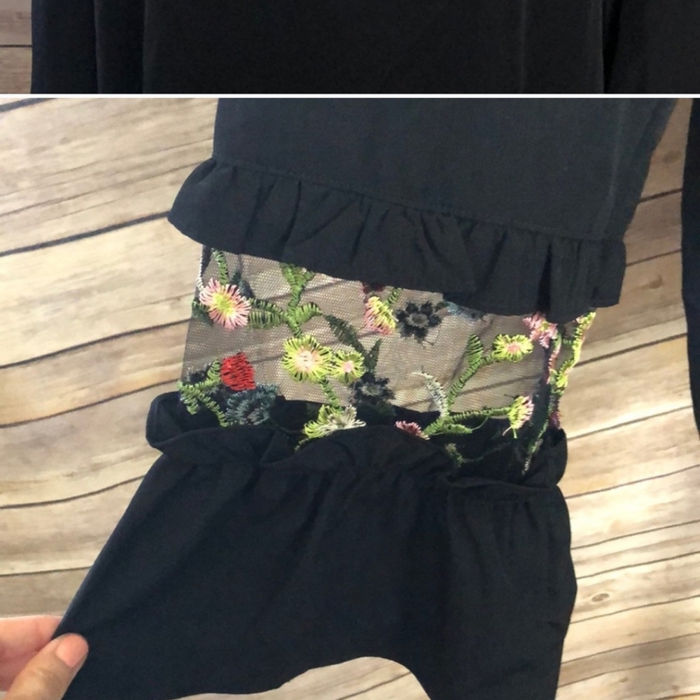 PLEIONE  Elegant Black Women's Top with Sheer Sleeve Floral Accents - Picture 3 of 6